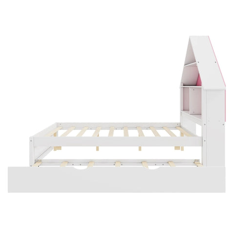 Cama Grande con Forma de Casa con Cabecero de Estantería, Luz LED y Nido de Tamaño Twin para Niños y Niñas, Rosa+Blanco