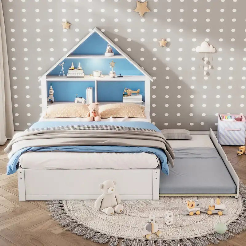 Cama Grande con Forma de Casa con Cabecero de Estantería, Luz LED y Nido de Tamaño Twin para Niños y Niñas, Rosa+Blanco