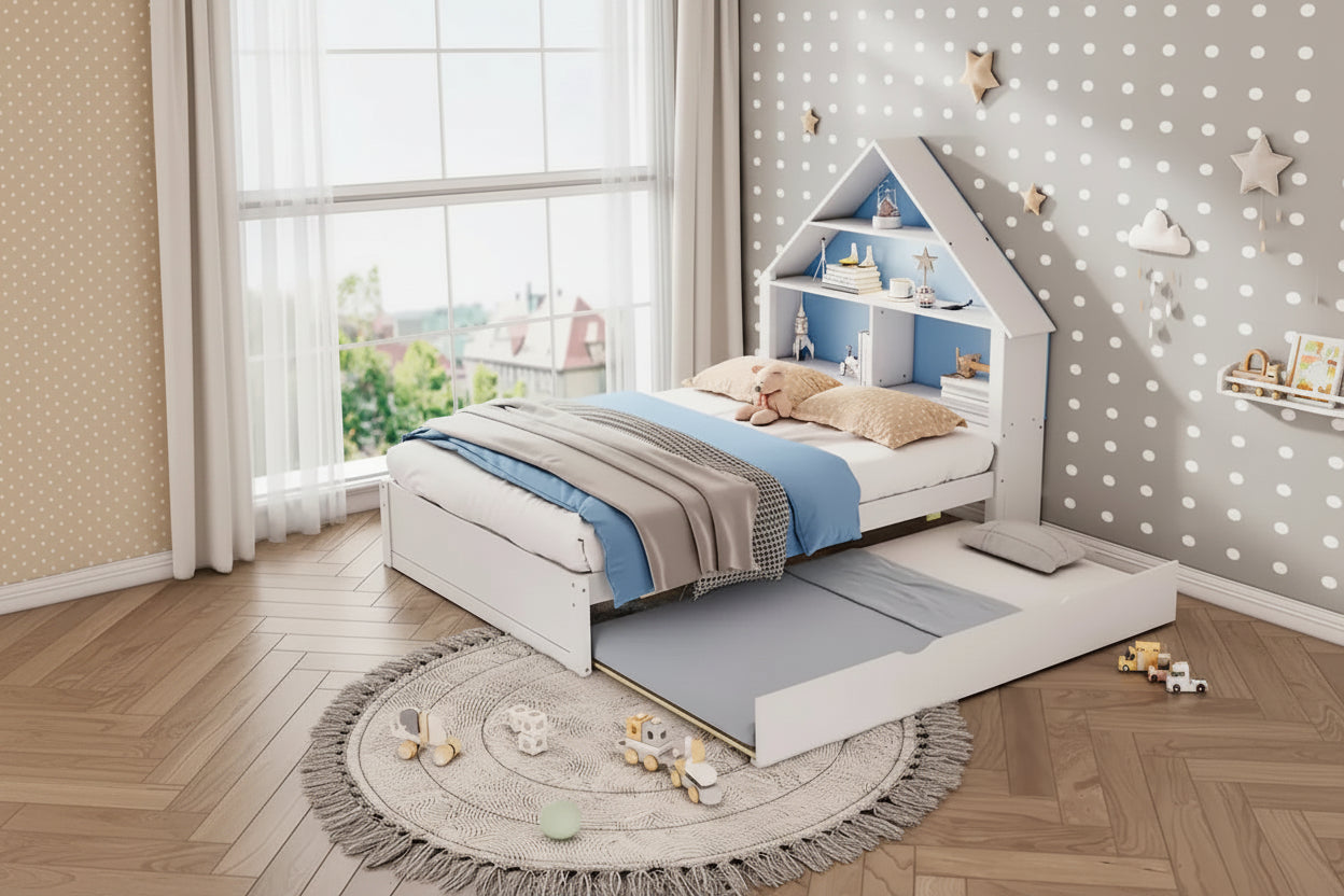 Children's house-shaped bed with shelves in a room with polka dot wallpaper.