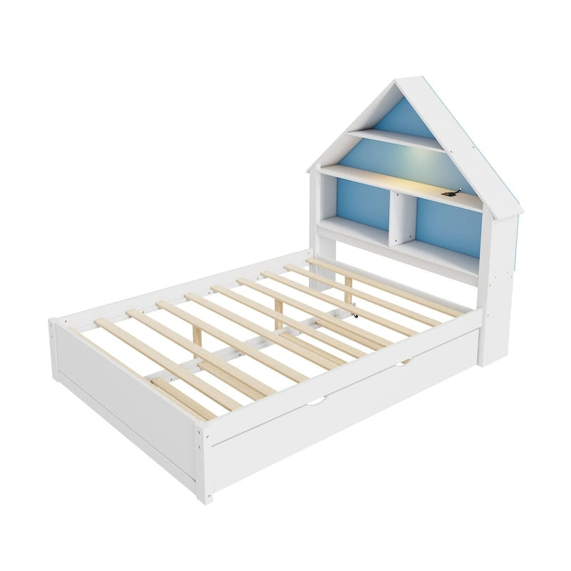 Cama Grande con Forma de Casa con Cabecero de Estantería, Luz LED y Nido de Tamaño Twin para Niños y Niñas, Rosa+Blanco