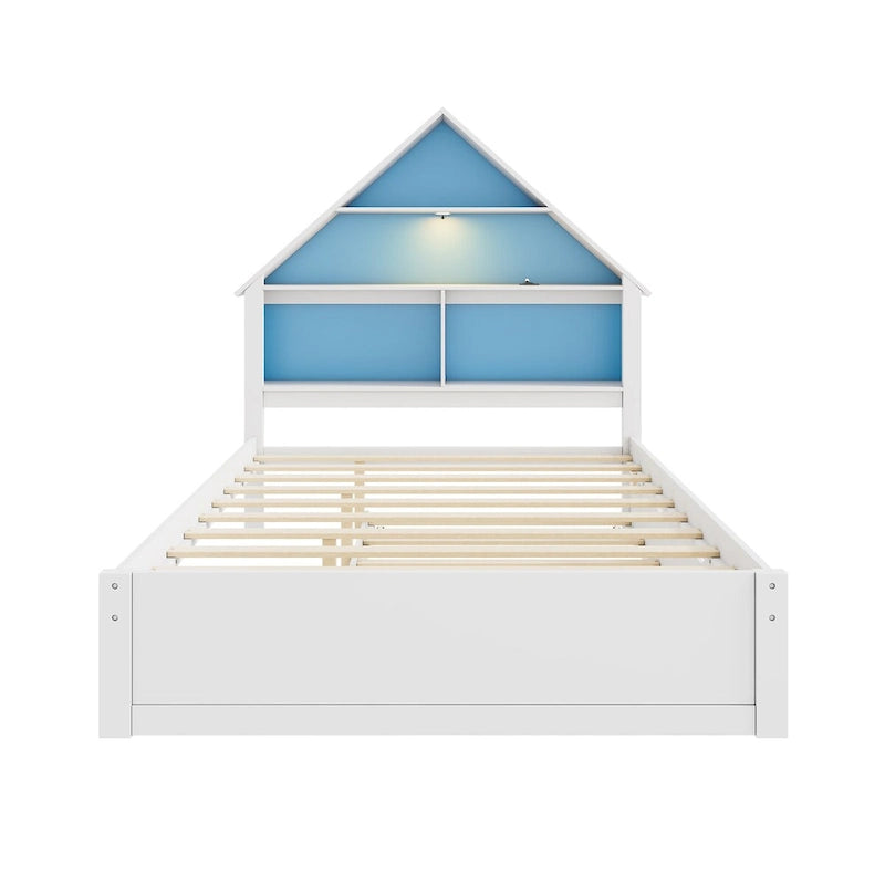 Cama Grande con Forma de Casa con Cabecero de Estantería, Luz LED y Nido de Tamaño Twin para Niños y Niñas, Rosa+Blanco