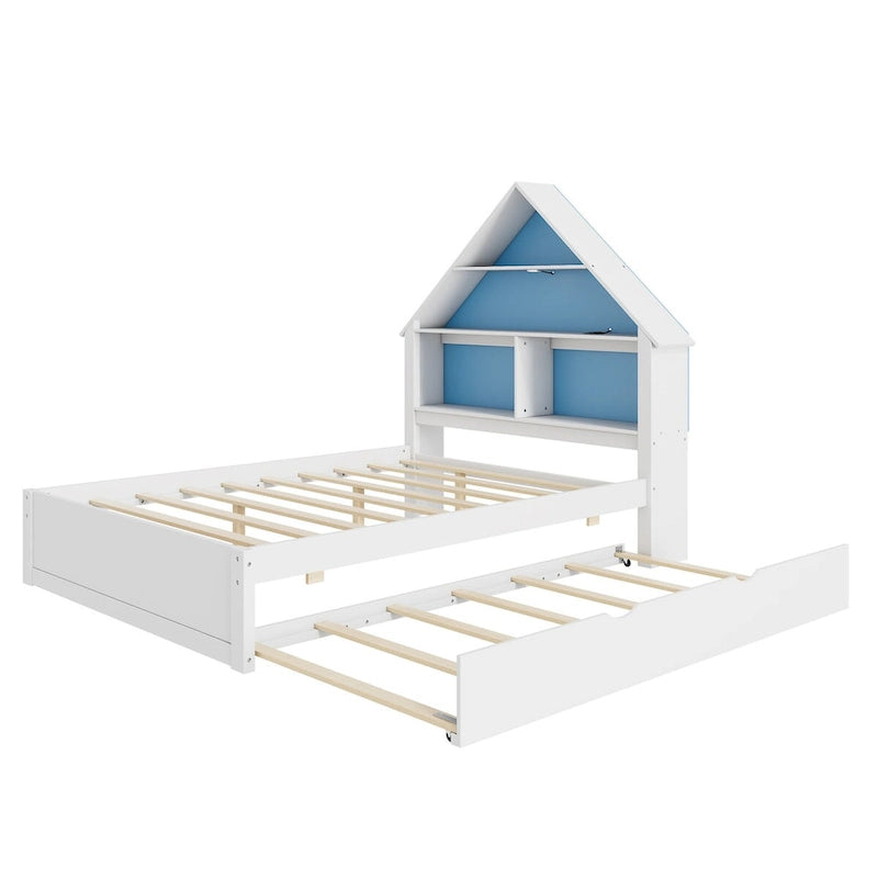 Cama Grande con Forma de Casa con Cabecero de Estantería, Luz LED y Nido de Tamaño Twin para Niños y Niñas, Rosa+Blanco