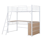 Litera de metal blanco con escritorio en forma de L y 3 estantes, escalera reversible