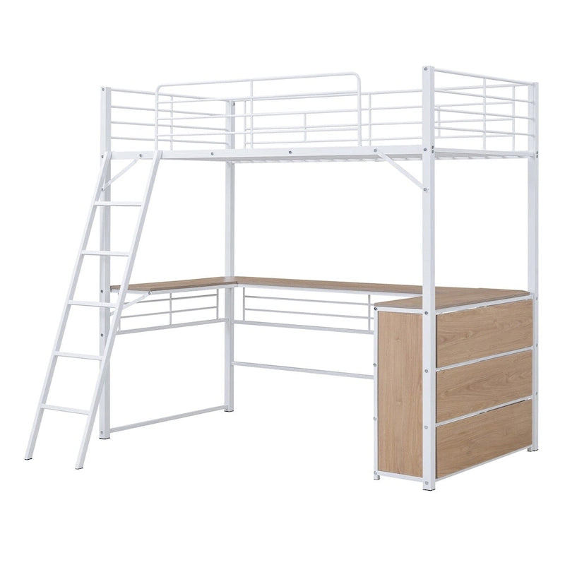 Litera de metal blanco con escritorio en forma de L y 3 estantes, escalera reversible