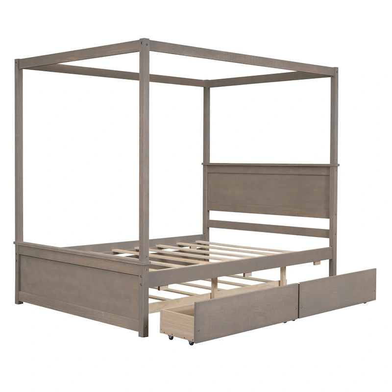 Cama con dosel de madera tamaño completo con cama nido, cajones y listones de soporte