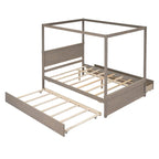 Cama con dosel de madera tamaño completo con cama nido, cajones y listones de soporte
