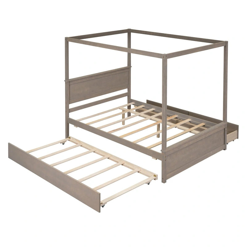 Cama con dosel de madera tamaño completo con cama nido, cajones y listones de soporte