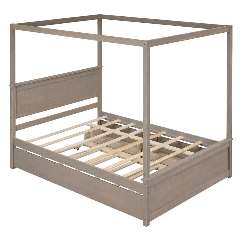 Cama con dosel de madera tamaño completo con cama nido, cajones y listones de soporte