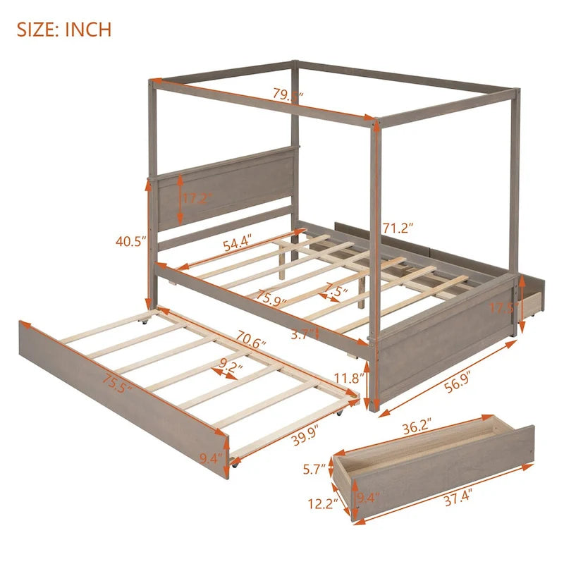 Cama con dosel de madera tamaño completo con cama nido, cajones y listones de soporte