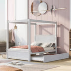 Cama con dosel de madera tamaño completo con cama nido, cajones y listones de soporte