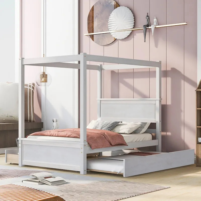 Cama con dosel de madera tamaño completo con cama nido, cajones y listones de soporte