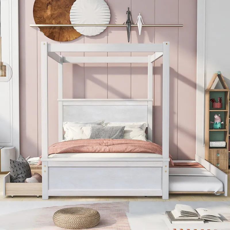 Cama con dosel de madera tamaño completo con cama nido, cajones y listones de soporte