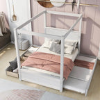 Cama con dosel de madera tamaño completo con cama nido, cajones y listones de soporte