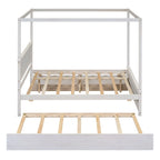 Cama con dosel de madera tamaño completo con cama nido, cajones y listones de soporte