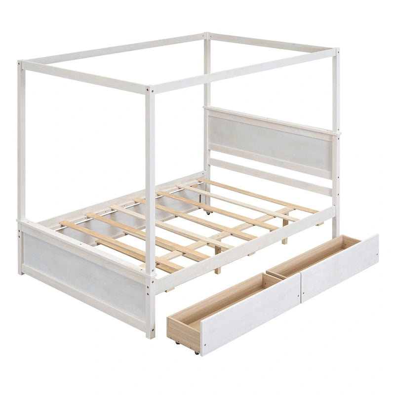 Cama con dosel de madera tamaño completo con cama nido, cajones y listones de soporte