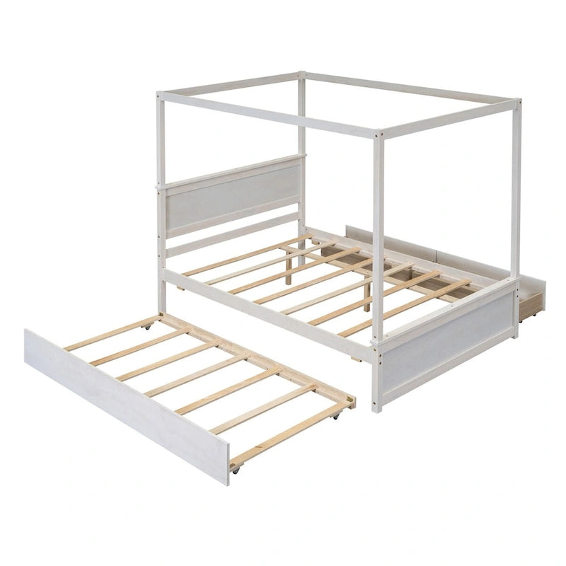Cama con dosel de madera tamaño completo con cama nido, cajones y listones de soporte
