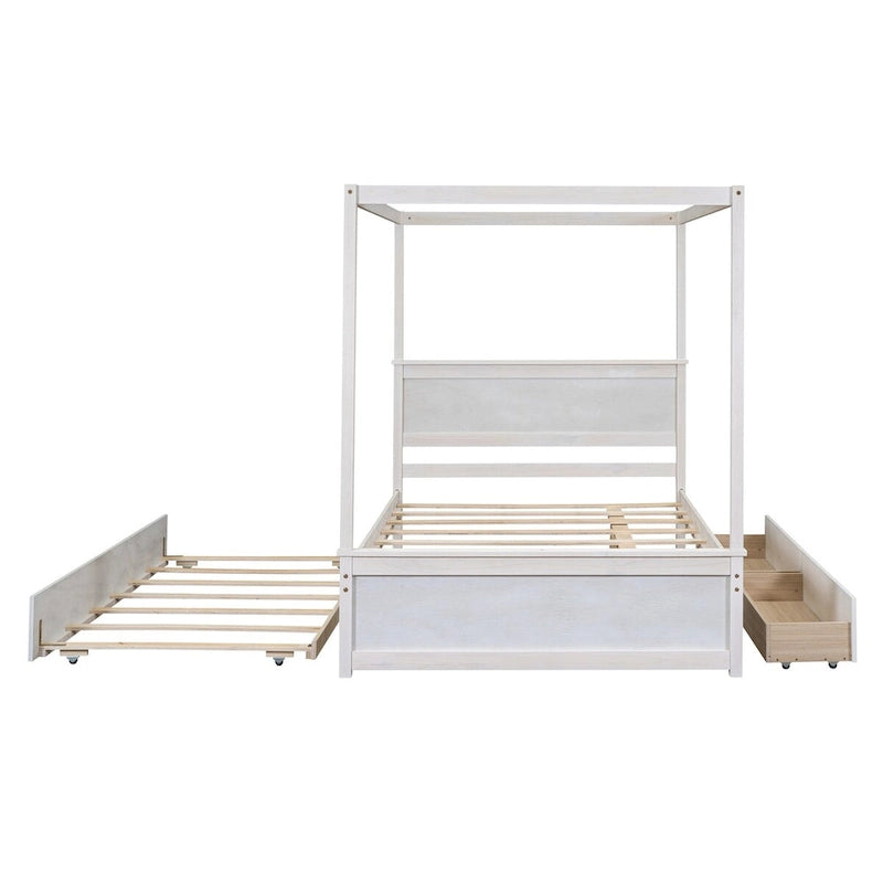 Cama con dosel de madera tamaño completo con cama nido, cajones y listones de soporte