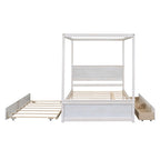 Cama con dosel de madera tamaño completo con cama nido, cajones y listones de soporte