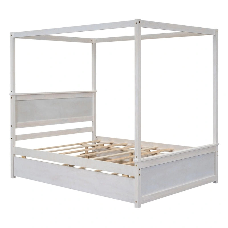 Cama con dosel de madera tamaño completo con cama nido, cajones y listones de soporte
