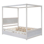 Cama con dosel de madera tamaño completo con cama nido, cajones y listones de soporte
