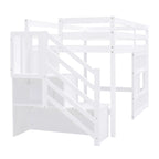 Cama alta individual de madera maciza con escalera y almacenamiento