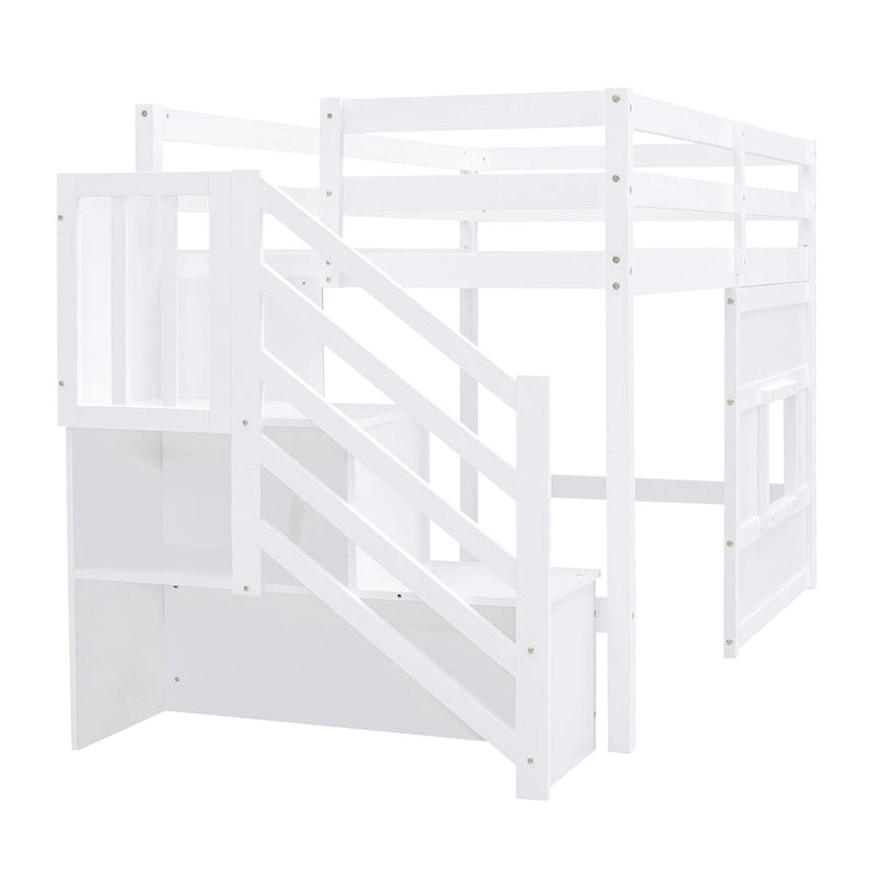 Cama alta individual de madera maciza con escalera y almacenamiento