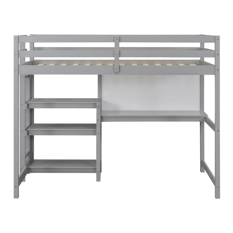 Cama alta individual de madera con estantes de 3 capas, escritorio y tablero de escritura, barandilla de longitud completa