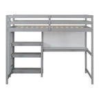 Cama alta individual de madera con estantes de 3 capas, escritorio y tablero de escritura, barandilla de longitud completa