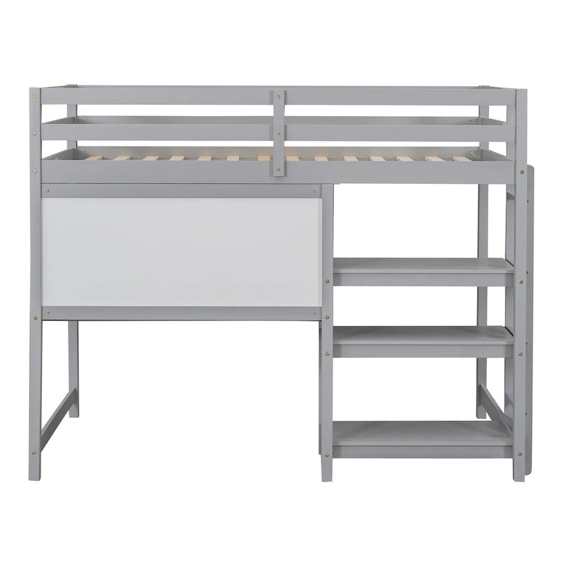Cama alta individual de madera con estantes de 3 capas, escritorio y tablero de escritura, barandilla de longitud completa