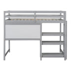 Cama alta individual de madera con estantes de 3 capas, escritorio y tablero de escritura, barandilla de longitud completa