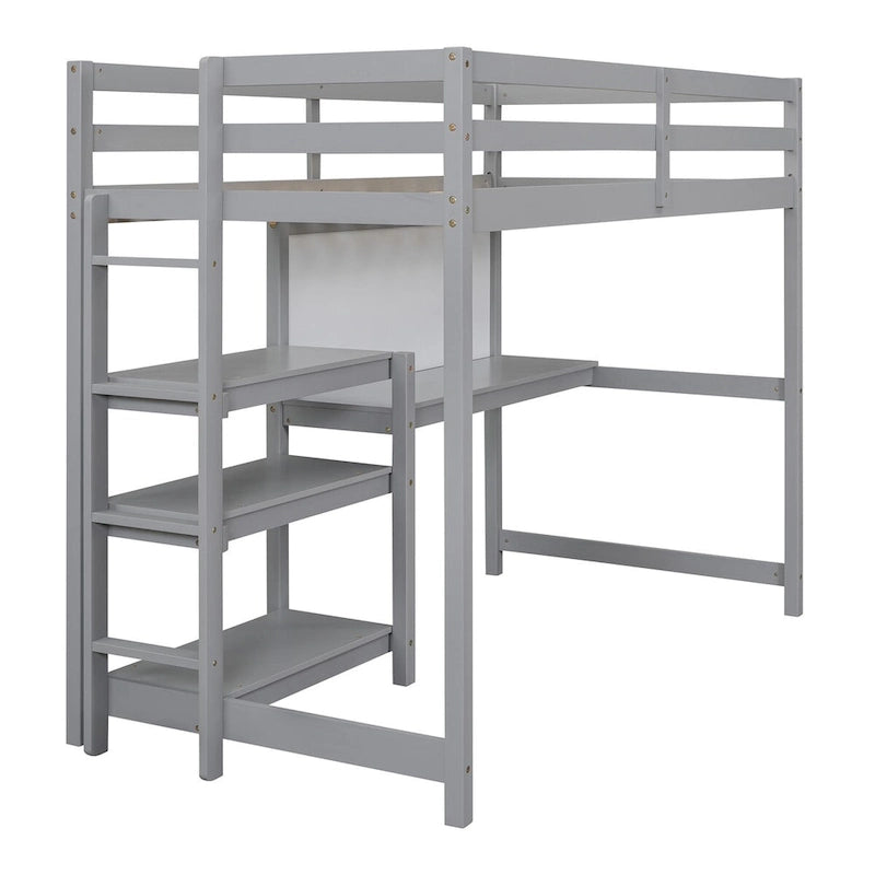 Cama alta individual de madera con estantes de 3 capas, escritorio y tablero de escritura, barandilla de longitud completa