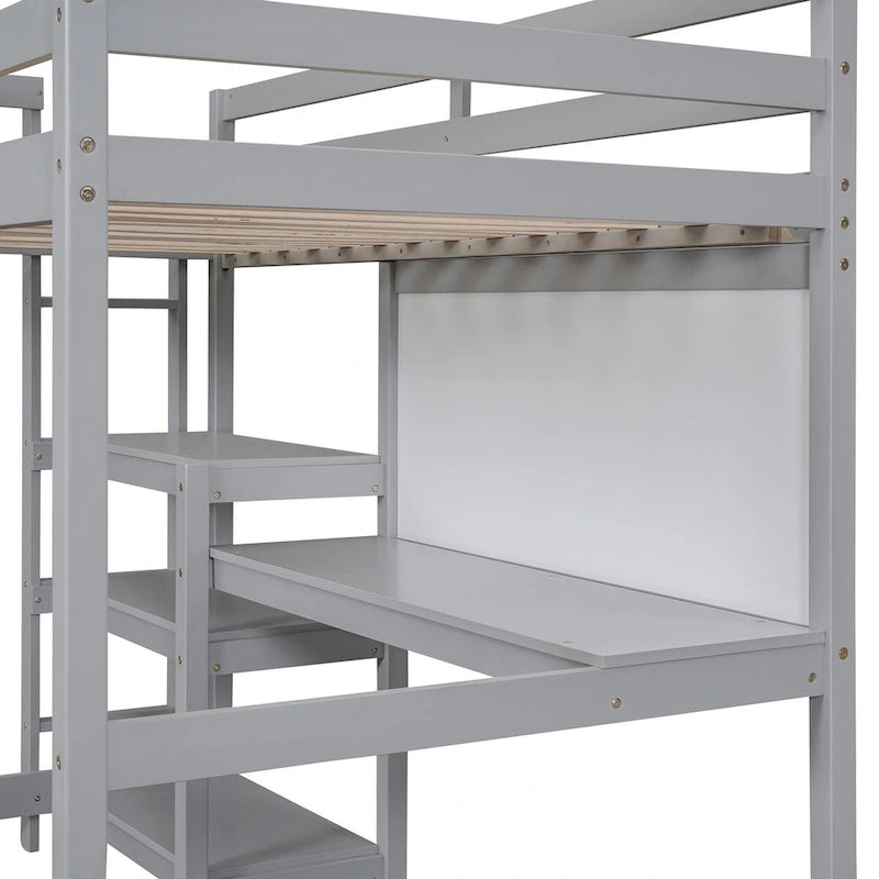 Cama alta individual de madera con estantes de 3 capas, escritorio y tablero de escritura, barandilla de longitud completa