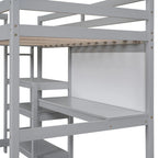 Cama alta individual de madera con estantes de 3 capas, escritorio y tablero de escritura, barandilla de longitud completa