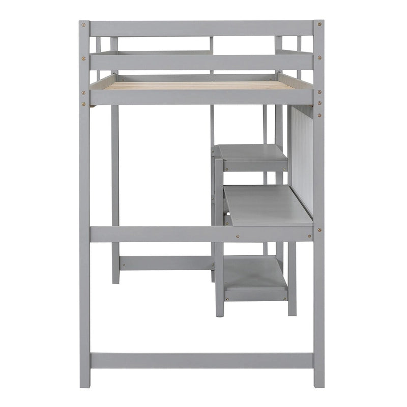 Cama alta individual de madera con estantes de 3 capas, escritorio y tablero de escritura, barandilla de longitud completa