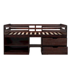 Cama Alta Individual de Madera Maciza con Dos Estantes y Dos Cajones