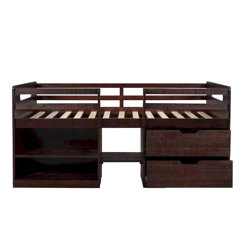 Cama Alta Individual de Madera Maciza con Dos Estantes y Dos Cajones