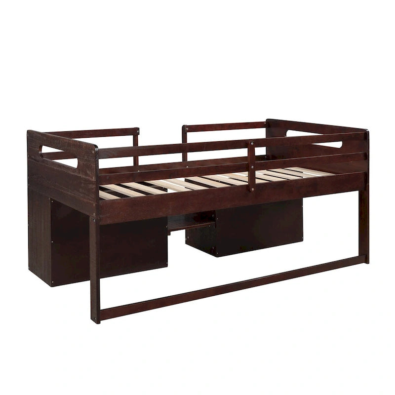 Cama Alta Individual de Madera Maciza con Dos Estantes y Dos Cajones