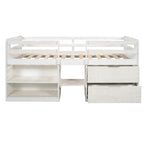 Cama Alta Individual de Madera Maciza con Dos Estantes y Dos Cajones