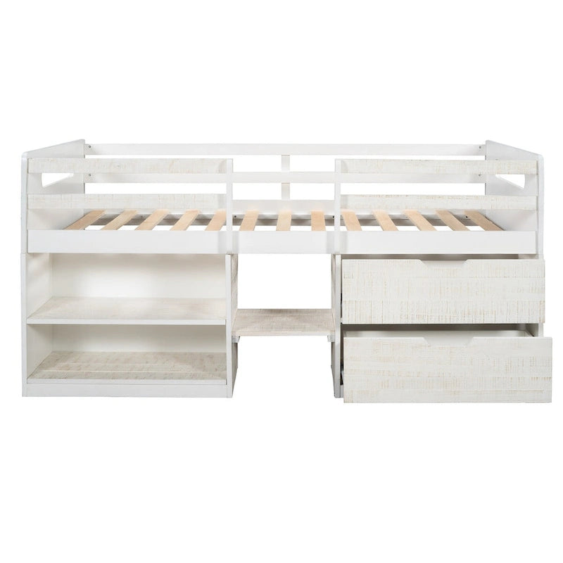 Cama Alta Individual de Madera Maciza con Dos Estantes y Dos Cajones