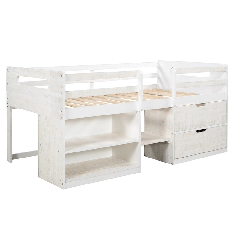 Cama Alta Individual de Madera Maciza con Dos Estantes y Dos Cajones