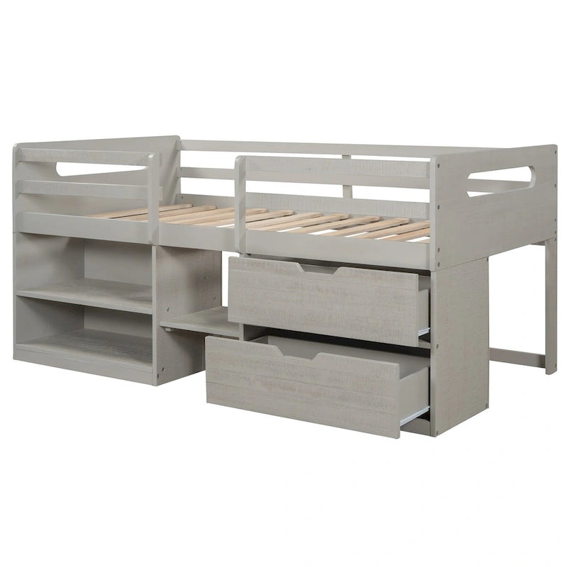 Cama Alta Individual de Madera Maciza con Dos Estantes y Dos Cajones