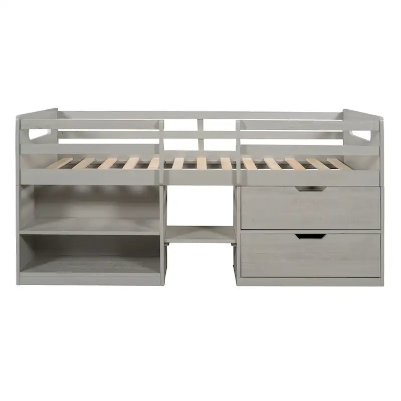 Cama Alta Individual de Madera Maciza con Dos Estantes y Dos Cajones
