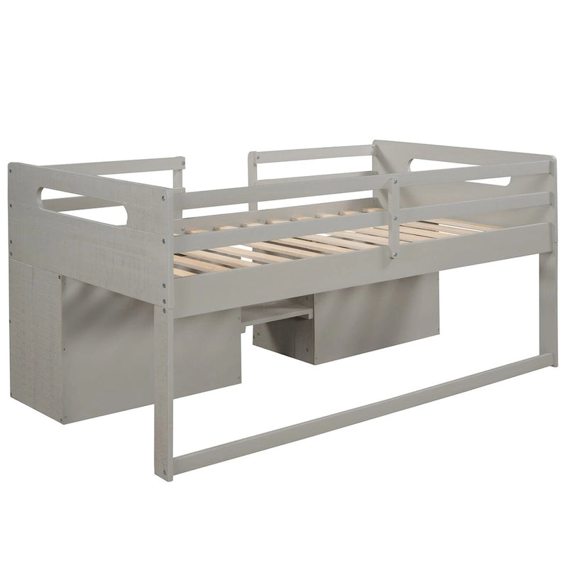 Cama Alta Individual de Madera Maciza con Dos Estantes y Dos Cajones