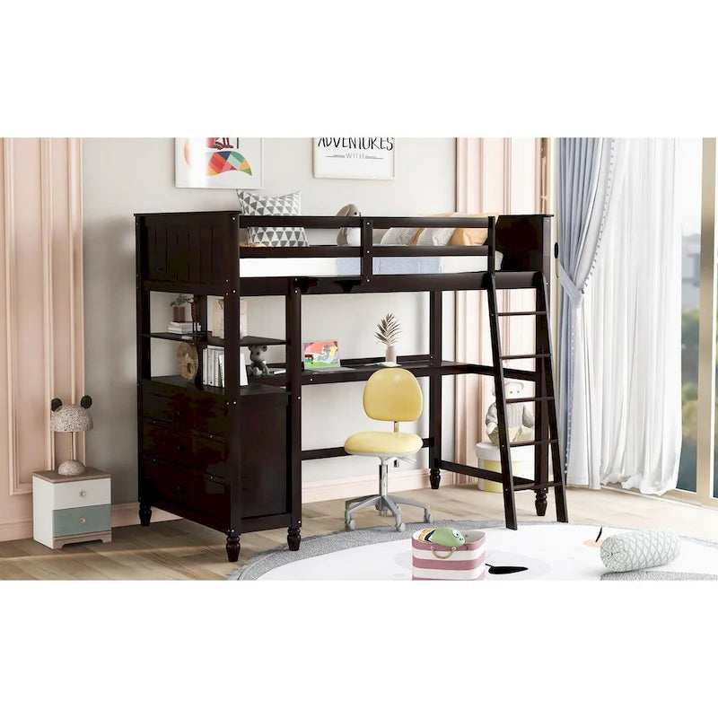 Cama alta individual con cajones y escritorio