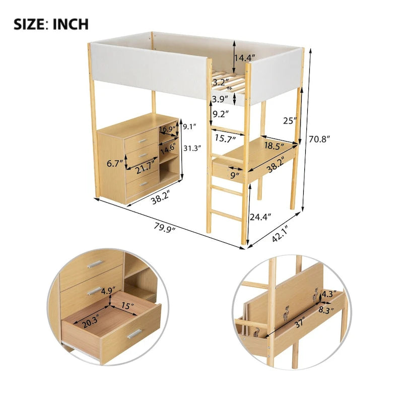 Cama alta tapizada de madera y felpa de borreguillo, tamaño twin