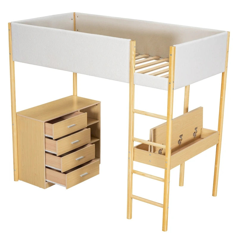 Cama alta tapizada de madera y felpa de borreguillo, tamaño twin