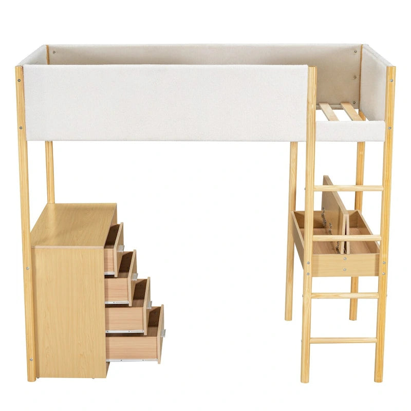 Cama alta tapizada de madera y felpa de borreguillo, tamaño twin