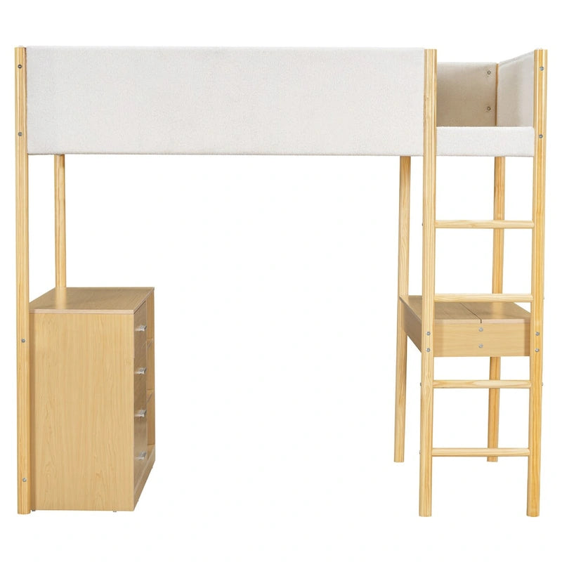 Cama alta tapizada de madera y felpa de borreguillo, tamaño twin