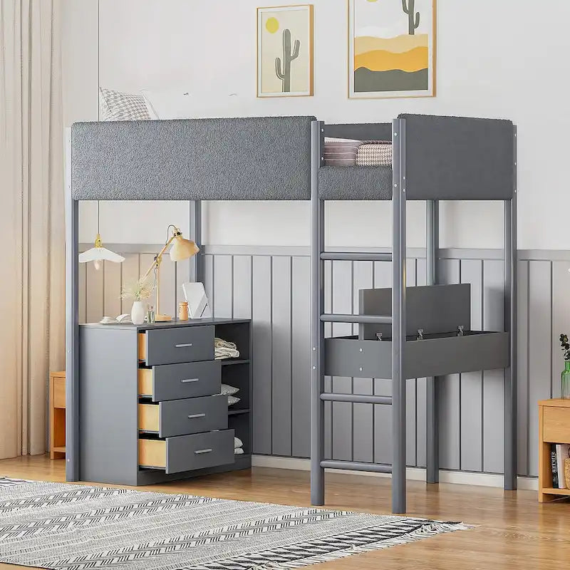 Cama alta tapizada de madera y felpa de borreguillo, tamaño twin