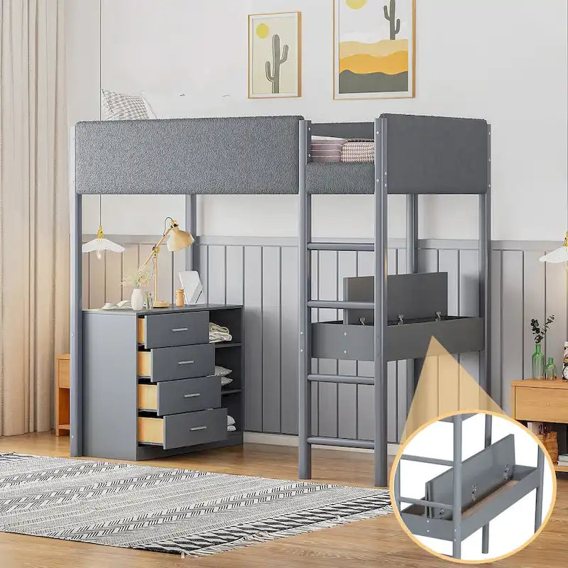 Cama alta tapizada de madera y felpa de borreguillo, tamaño twin